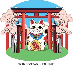 This is an illustration of a lucky cat at a shrine.