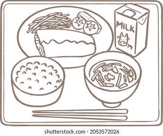 This is an illustration of lunch. It is a set of Japanese food. You can eat it at school or in the cafeteria at work.