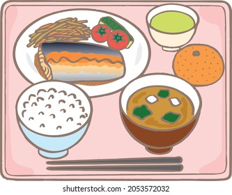 This is an illustration of lunch. It is a set of Japanese food. You can eat it at school or in the cafeteria at work.