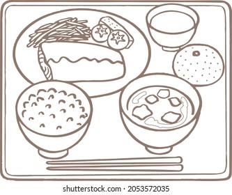 This is an illustration of lunch. It is a set of Japanese food. You can eat it at school or in the cafeteria at work.