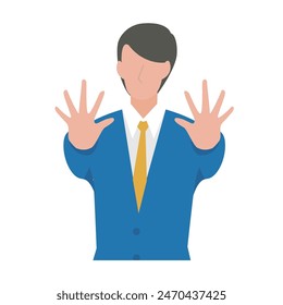 This is an illustration of a male business person who puts both hands out in front of him to stop.