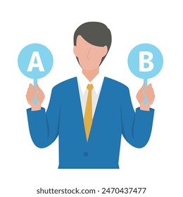 This is an illustration of a male business person comparing A and B.