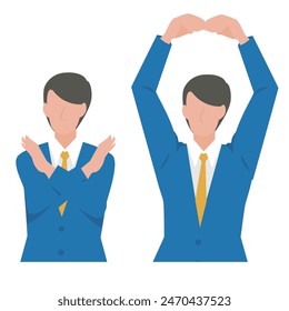 This is an illustration of a male business person doing a circle pose for the correct answer and an x ​​pose for the incorrect answer.