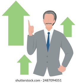 This is an illustration of a male business person holding an upward arrow.