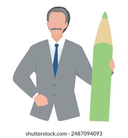 This is an illustration of a male business person holding a large pen.