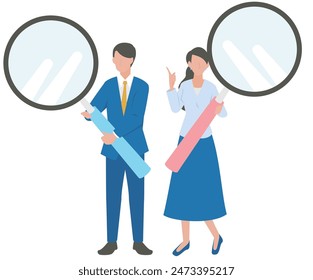 This is an illustration of a male and female business person making an assessment using a magnifying glass.