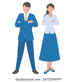 This is an illustration of a male and female businessperson looking at each other with their arms crossed.