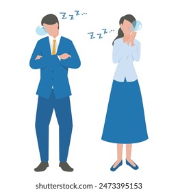 This is an illustration of a male and female businessperson who are tired and take a nap.