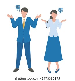 This is an illustration of a male and female businessperson who are having trouble with their hands up.