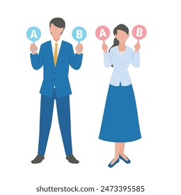 This is an illustration of a male and female businessperson holding A and B cards.