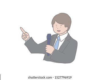 This is an illustration of a man giving a talk with a microphone.