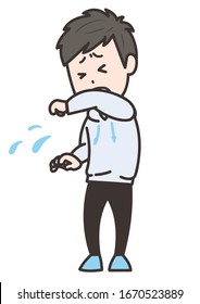 This is an illustration of a man holding a cough or sneeze with his arm. Vector image.