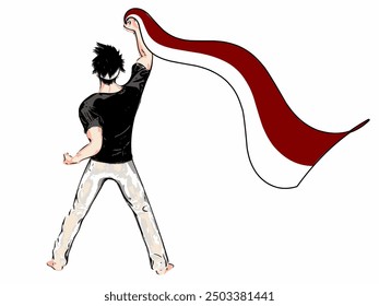 This is an illustration of a man holding a red and white flag