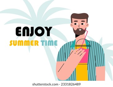 In this illustration, a man holds a refreshing summer cocktail against the backdrop of palm trees. His contented expression capture the essence of savoring a cool beverage on a warm summer day.