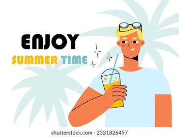 In this illustration, a man holds a refreshing summer cocktail against the backdrop of palm trees. His contented expression capture the essence of savoring a cool beverage on a warm summer day.