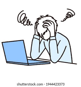 This is an illustration of a man with a laptop in front of him, holding his head in trouble.