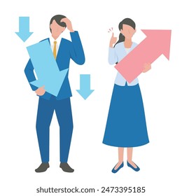 This is an illustration of a man lowering his weight and a female business person raising his head.
