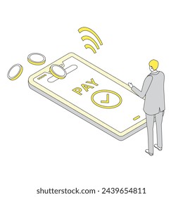 This is an illustration of a man making a payment using a smartphone.