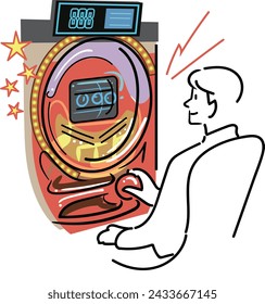 This is an illustration of a man playing pachinko slot machines.