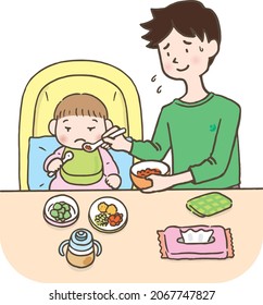 This is an illustration of a man raising a child. The man feeds the baby.