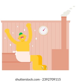 Esta es una ilustración de un hombre aliviando el estrés en una sauna.