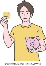 "Esta es una ilustración de un hombre ahorrando dinero. Se puede utilizar para representar el ahorro, la frugalidad y la inversión".
