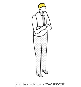 This is an illustration of a man standing with his arms crossed in a dress shirt and tie.