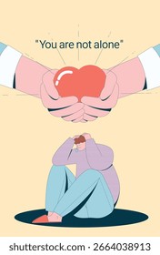 This is an illustration of a man suffering from depression, with a hand holding a heart over it, showing an attempt to help him.