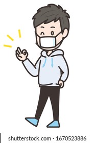 This is an illustration of a man wearing a mask and signing OK. Vector image.