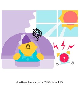 Esta es una ilustración de un hombre que saluda la mañana sin poder dormir debido a la mala salud debido al estrés.