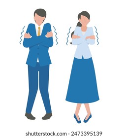 This is an illustration of a man and a woman businessperson who are shivering after catching a cold.