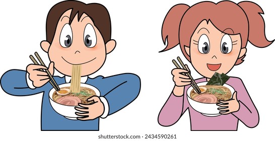 Esta es una ilustración de un hombre y una mujer comiendo ramen.