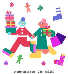 This is an illustration of a man and a woman enjoying shopping in the city during Christmas.