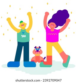 This is an illustration of a man, a woman, and their pet dog who have achieved good mental and physical health through moderate exercise.