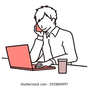 This is an illustration of a man working on his laptop while on the phone with his cell phone.