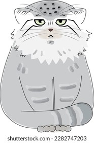 This is an illustration of a manul cat sitting with its tail wrapped around its paws.