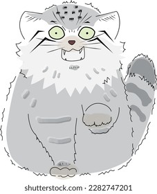 This is an illustration of a manul cat that has a framen reaction and is surprised to see its paws raised in front of it with its eyes wide open.
