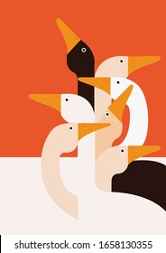 This is an illustration with many geese heads in different colors.