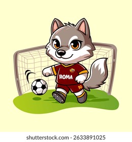 This is an illustration of a mascot in the form of a wolf playing football wearing an AS Roma jersey.