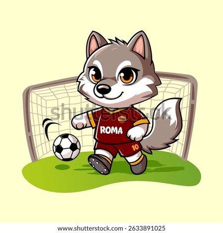 This is an illustration of a mascot in the form of a wolf playing football wearing an AS Roma jersey.