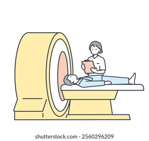 This is an illustration material of MRI, CT. There is a patient and a nurse. vector.