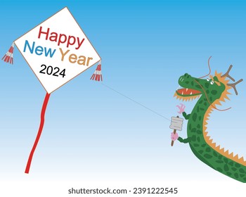 This is an illustration material for the New Year's card of 2024. A dragon is flying a kite to celebrate the new year.