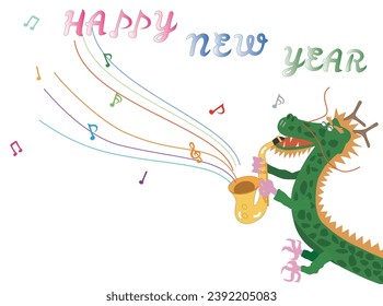 This is an illustration material for New Year's greetings in 2024. A dragon is playing the saxophone to celebrate the new year.