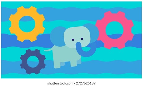 This is an illustration of mechanisms, collaboration, and systems expressed using gears and elephant characters.