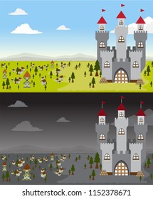 This is an illustration of medieval castles with small medieval houses below. Available in night and day versions.