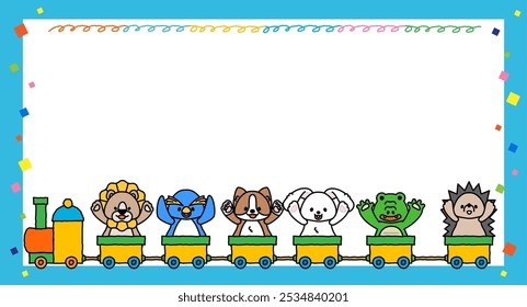 This is an illustration of message frame 2D with cute animals riding a train.