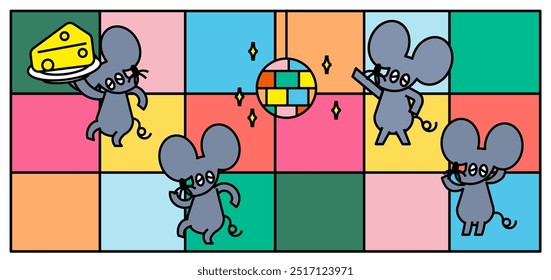 This is an illustration of mice happily dancing while holding cheese.