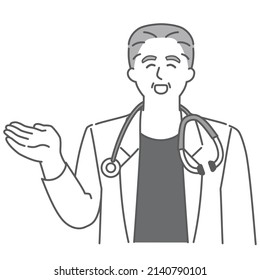 This is an illustration of a middle-aged doctor with a stethoscope with one hand up on his shoulder.