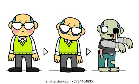 Esta é uma ilustração de um homem de meia-idade se transformando em um zumbi devido ao estresse de trabalho.