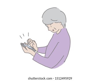 This is an illustration of a middle-aged woman who operates a smartphone. Easy to design with simple taste.